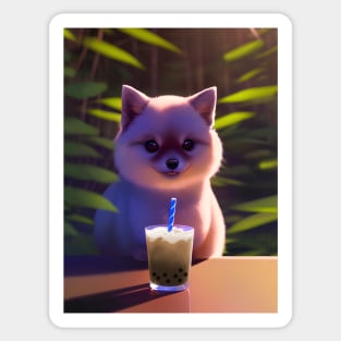 Pomeranian with boba bubble tea Sticker